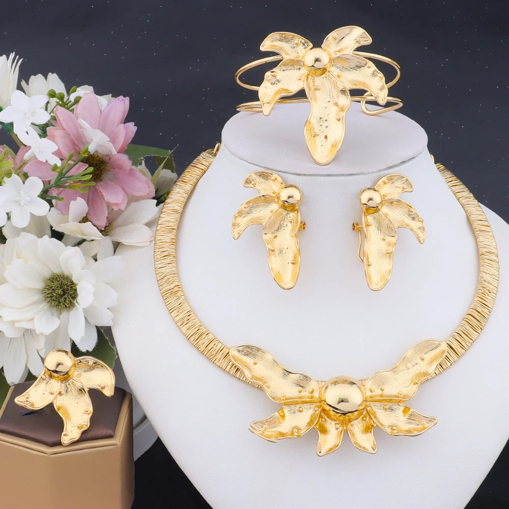 African Gold Plated Fallen Flowers Design Necklace Earrings Bracelet Ring Jewelry Set for Women Classic Gold Color Party Gift