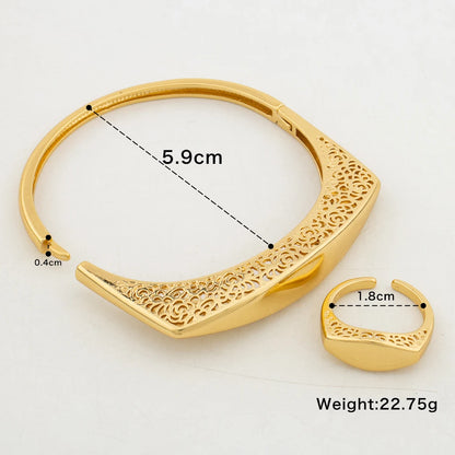 Gold Plated Bangles With Ring Copper Jewelry for Ladies Women Dubai Luxury Bridal Wedding Banquet Charm Bracelet Open Ring Gifts