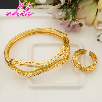 Plated Italian Dubai Style Bangle Ring Bracelet Jewelry Set for Women, Festive Gift