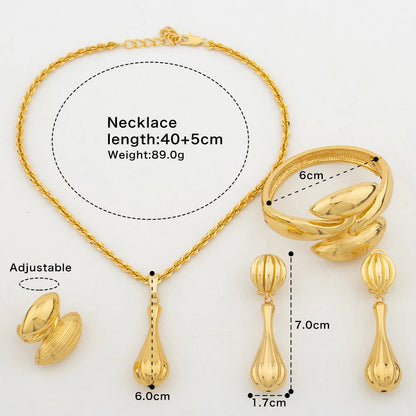 Water Droplet Jewelry Sets for Women Elegant Gold Plated Copper Necklace Charm Earring Fashion Romantic Bangles Ring Party Gifts