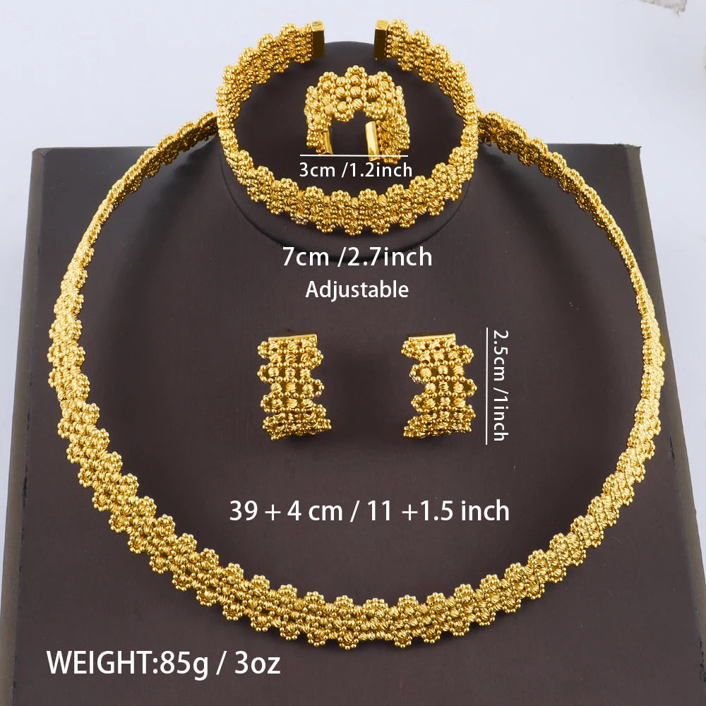 Luxury 24K Gold Plated Jeweler Necklace Bracelet Ring Earrings Set for Women Bride Charms Jewelry Set Gift for Party Wedding