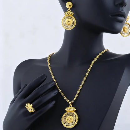 24k plated jewelry gifts ethiopian hollowing out Necklace and earrings rings set for women high quality plated jewelry sets gift