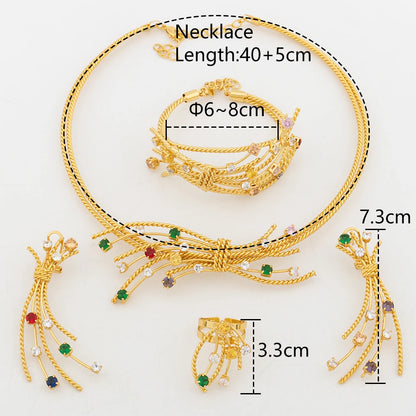 Nigerian Jewelry Set for Women Dubai Gold color Colored Zircon Pendant Wedding African Necklace Earrings Bracelet Adjustable Rin - YUEMING JEWELRY