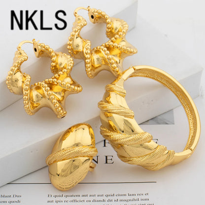 Luxury Hoop Earrings Cuff Bangle Fashion Ring Set African Gold Color Women's Jewelry Set Trendy Wedding Party Gift Jewellery Set