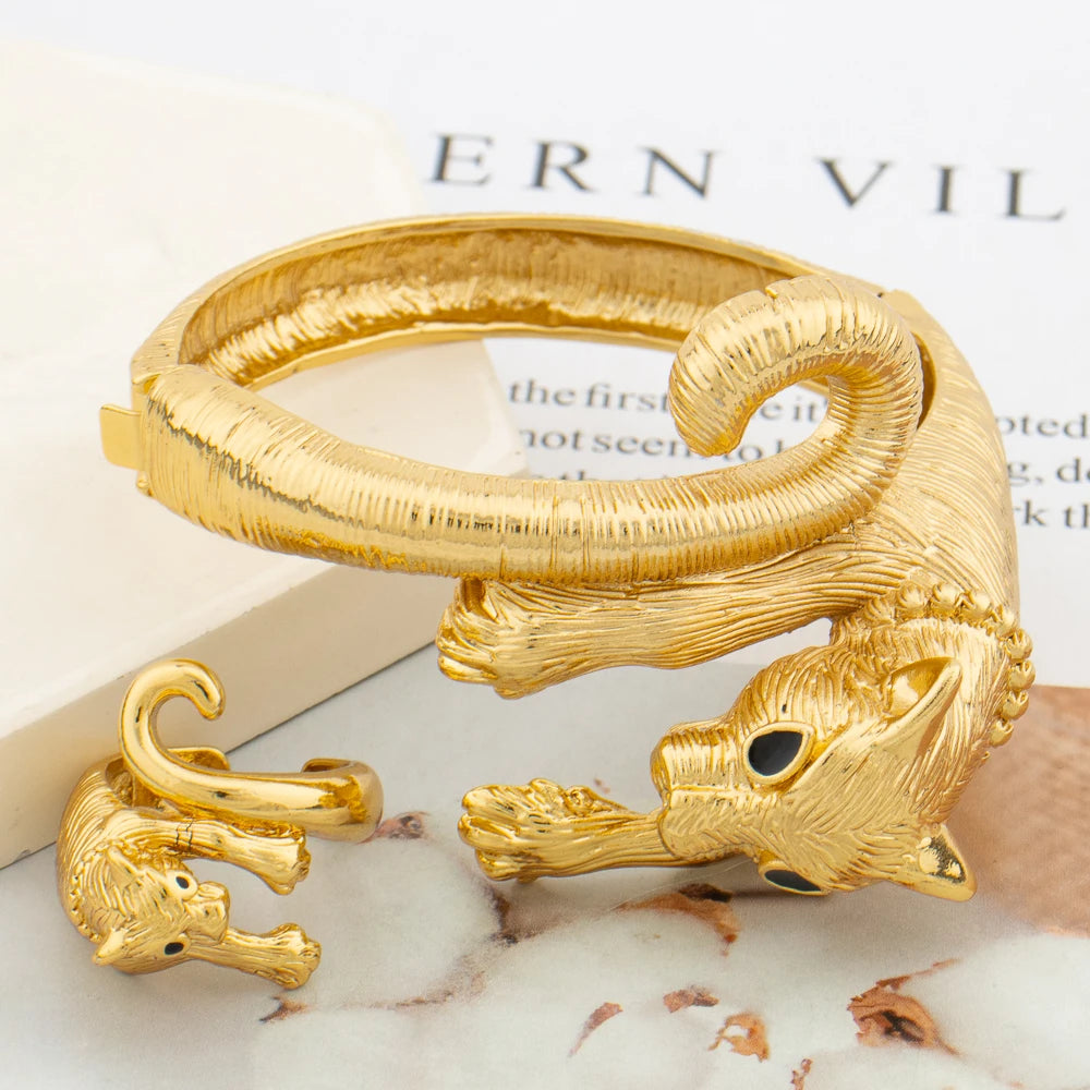 Luxury Bangle with Ring Jewelry Set for Party African Animal Design Cuff Bangle Finger Ring Set for Weddings Bracelet Jewelry