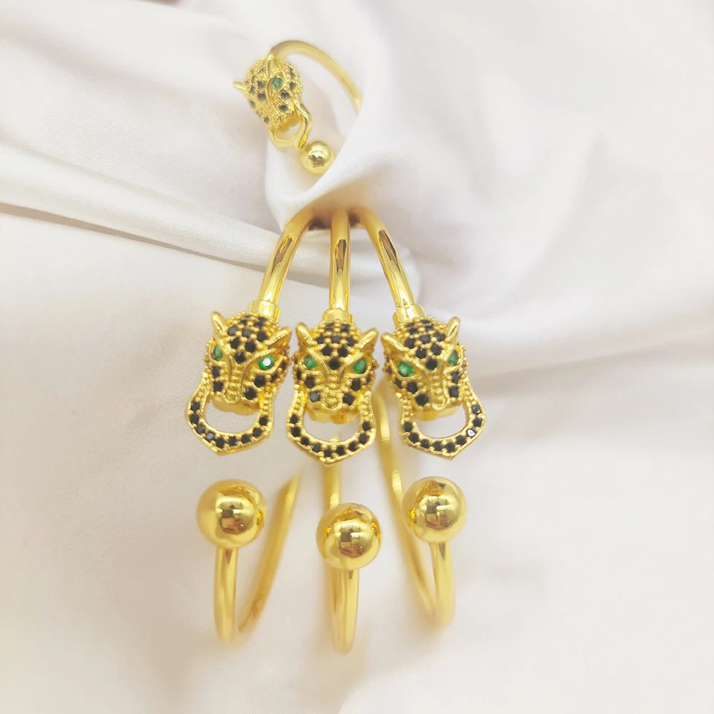 Serpentine Bangles Ring Women Luxury 18k Gold Color Black Zircon 3PCS Bracelet and Open Ring Charm Hand Jewelry Sets Party Gifts