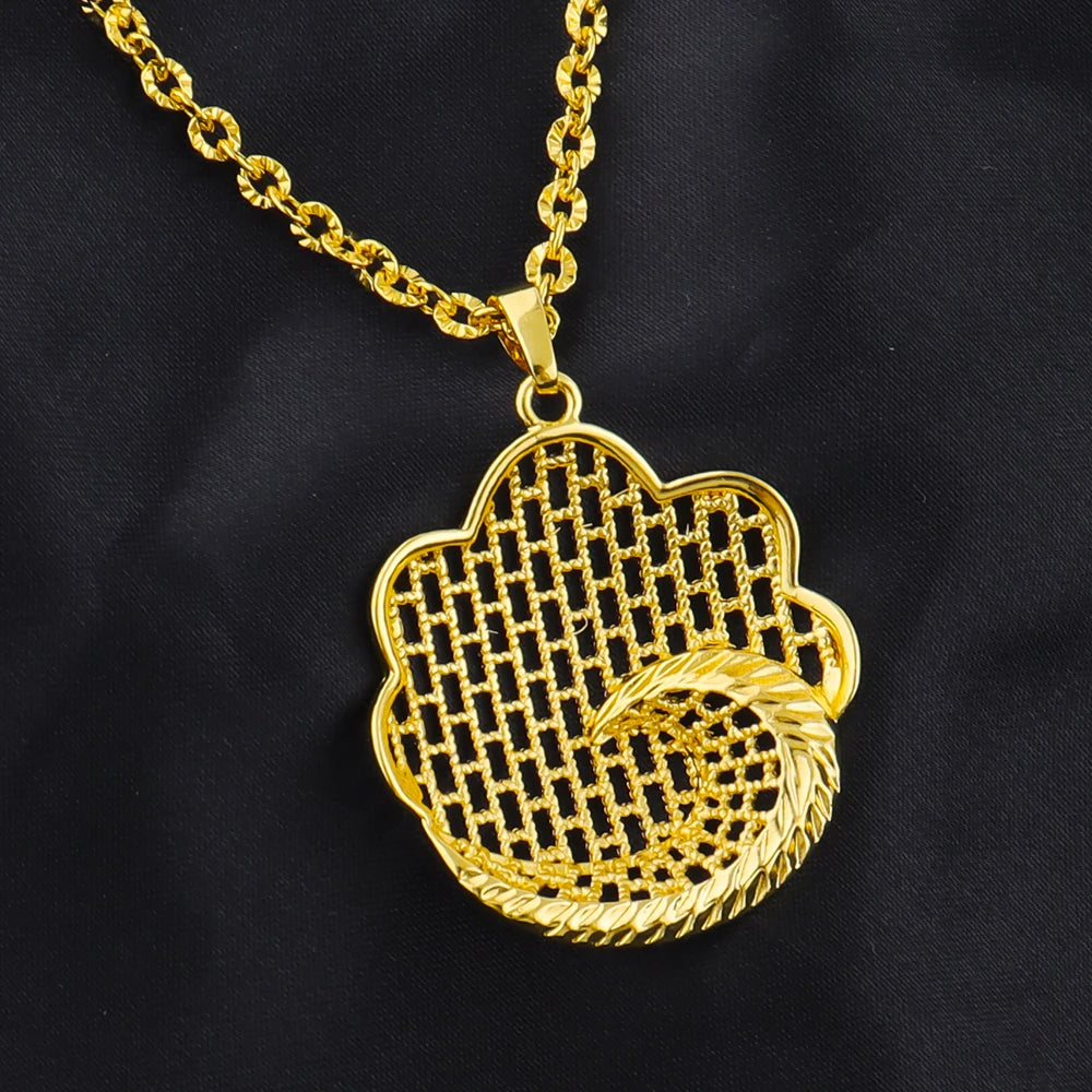 Dubai Round Necklace Ring And Earrings Set For Women Wedding Gold Color Hollow Pendant African Jewelry Bridal Party Gift