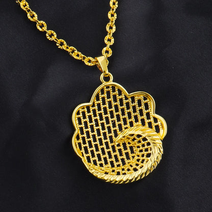 Dubai Round Necklace Ring And Earrings Set For Women Wedding Gold Color Hollow Pendant African Jewelry Bridal Party Gift