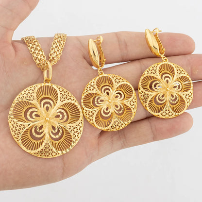 YM Gold Color Jewelry Set for Women African Flower Shape Dubai Copper Earrings Necklace Round Hollow Pendant Jewelry Accessories