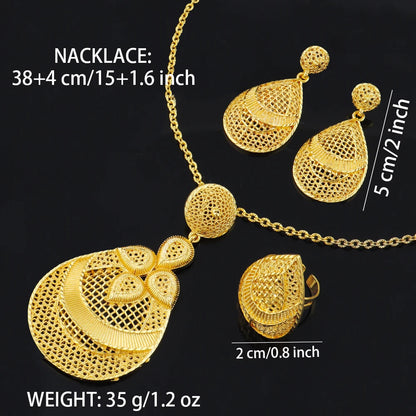 African-Inspired Drop Earrings & Necklace Set with Dubai-Style Ring, Arab Luxury Gold-Tone Jewelry for Women Gift