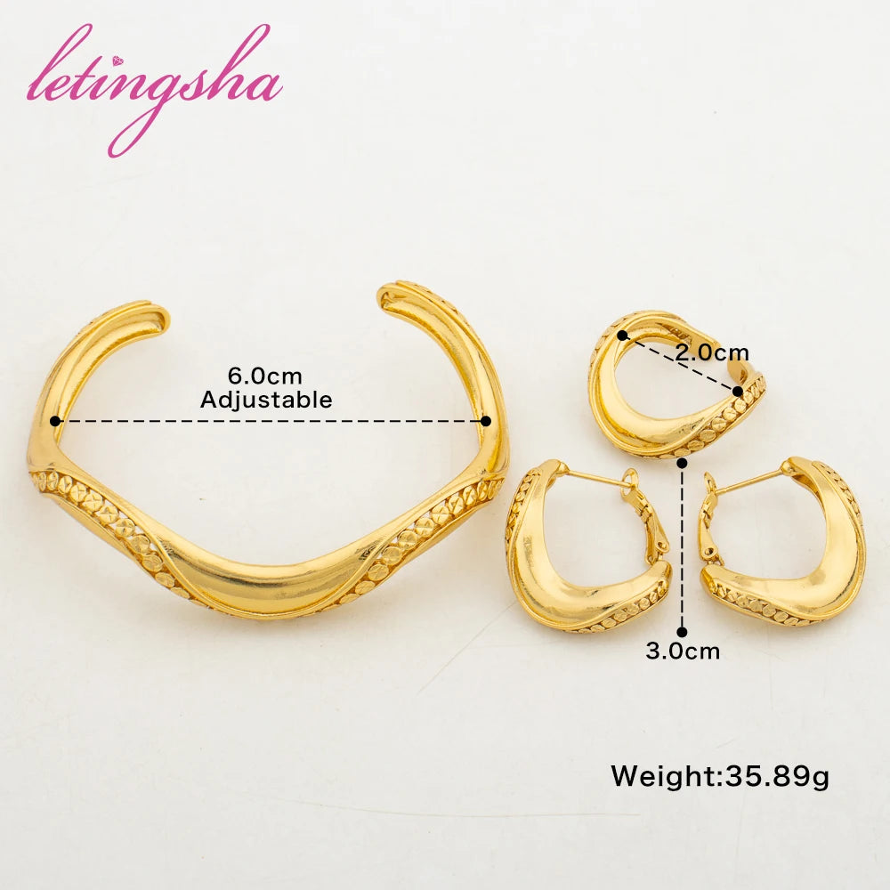 Fashion Cuff Bangle Newest Hoop Earrings Ring Sets for Women Dubai Luxury Jewelry Set Statement Trendy Gold Color Jewelry Gift