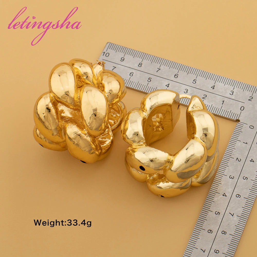 African Large Style Earrings For Women Nigeria 18k Gold Color Fashion Chunky Hoop Earrings Exaggerate Classic Jewelry Party Gift