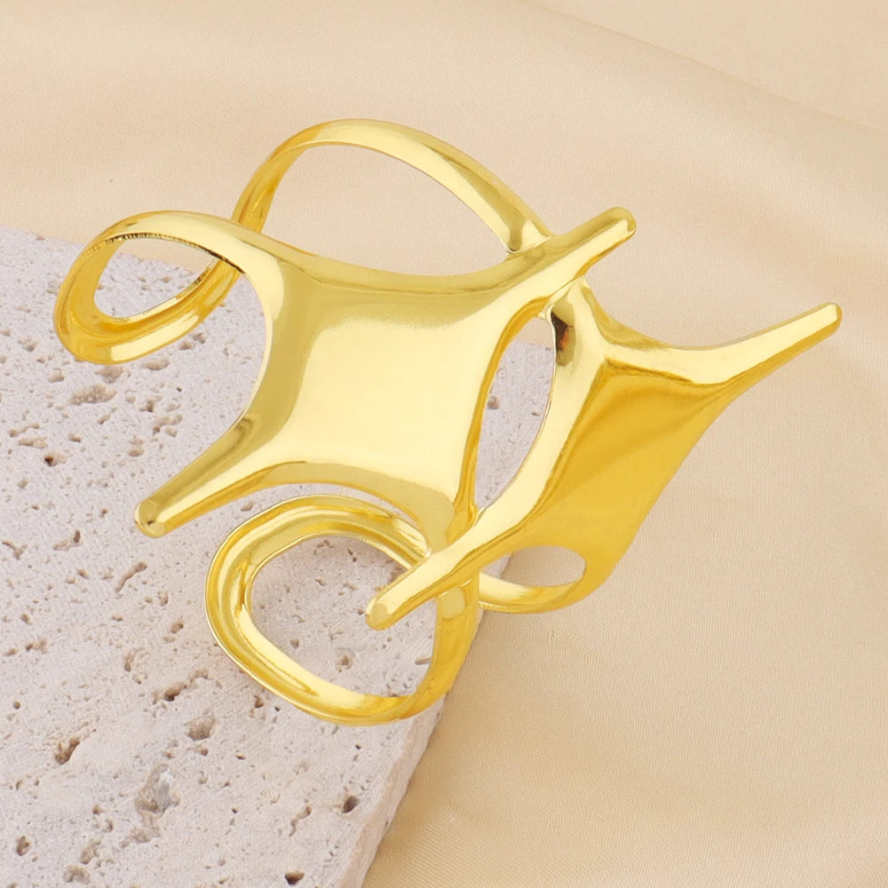 Punk Gold Stainless Steel Star Open Ring & Bracelet Set Unisex Hip-Hop Fashion Jewelry Gift for Women Men Adjustable Stackable S