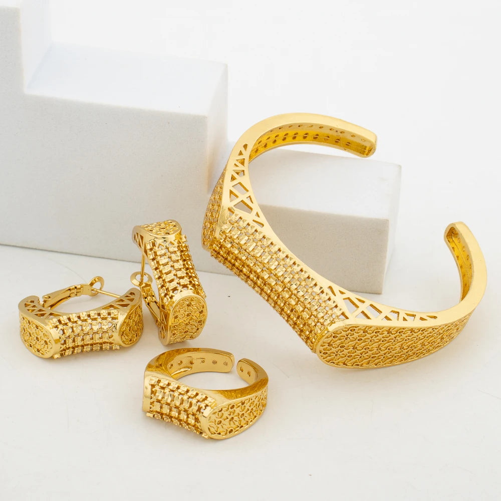 Dubai Gold Color Earrings Bangle Ring Jewelry Set for Party Elegant Weddings Hoop Earrings Cuff Bangle Finger Ring Set Nigerian