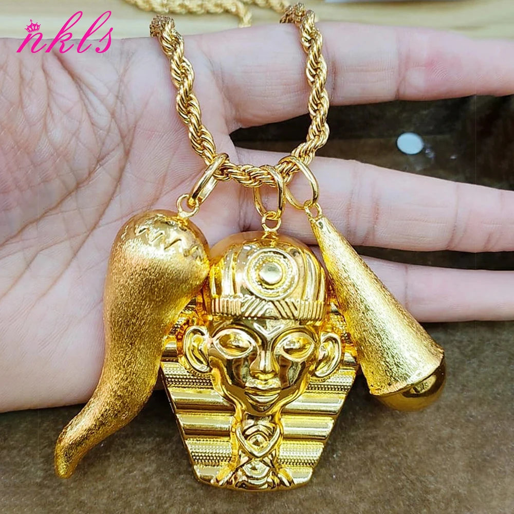 Plated African Dubai Men Head Pendant Necklace 60cm Chain Hip Hop Jewelry Gift
