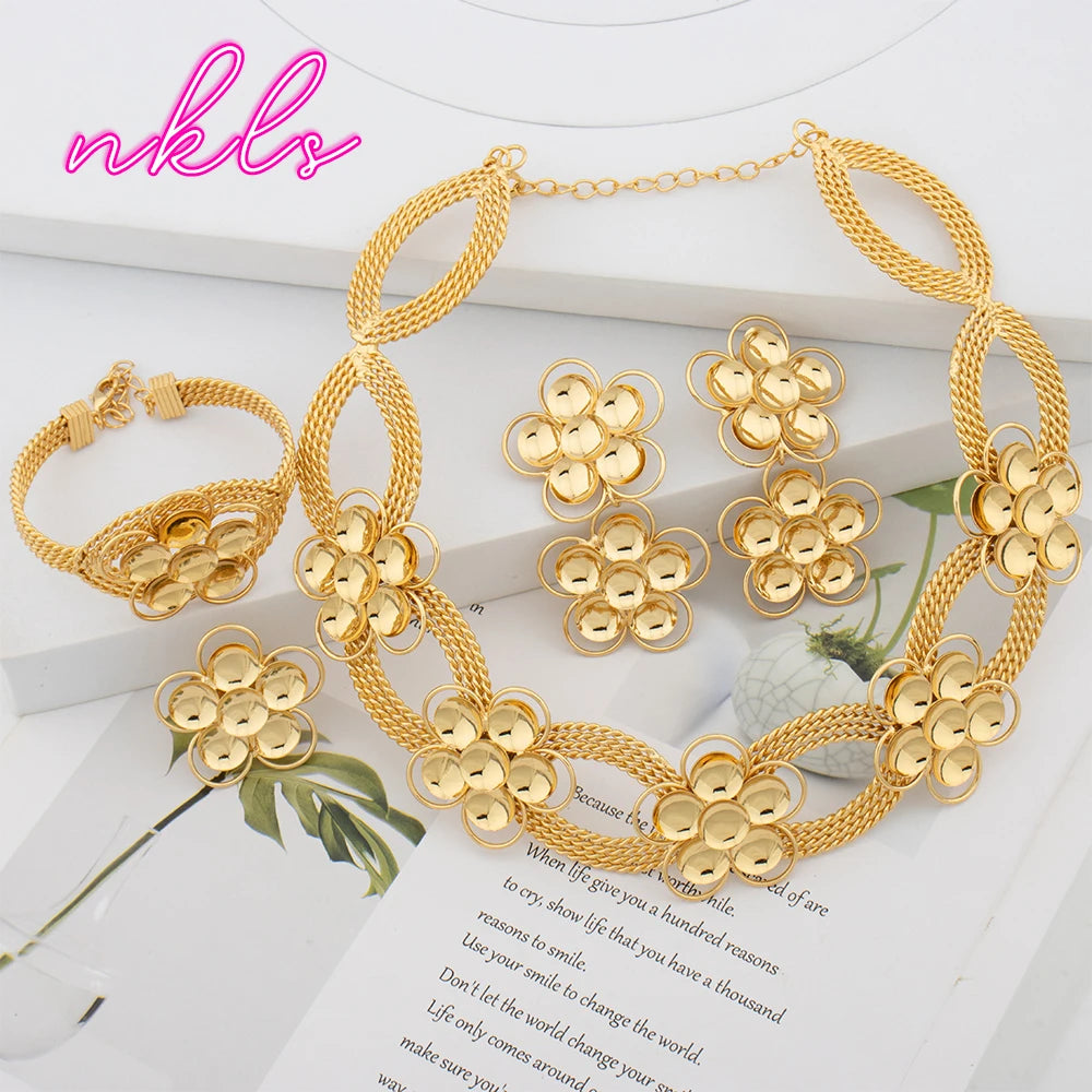 Brazilian Flower Necklace Jewelry Set Earrings New Bangle Ring Set Dubai Gold Color Jewellery Set Wedding Accessories Gifts