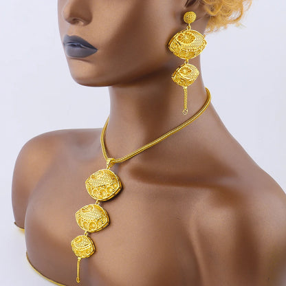 Dubai Hollow Design 18K Gold Plated Chain Necklace Charms Earrings for Women Jewelry Set for Daily Wear Party Wedding Gift