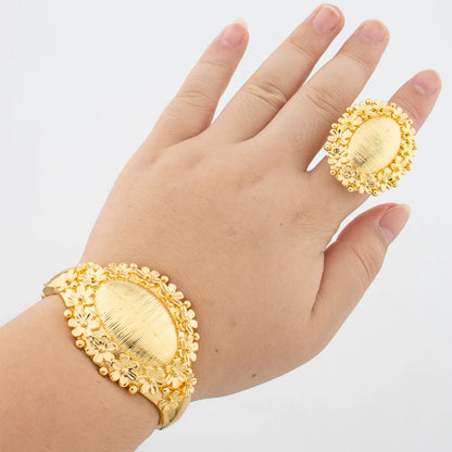 Brazilian Gold Plated Bangle with Ring Jewelry for Ladies Exquisite Flower Design Hand Bracelet Finger Ring 2Pcs Set for Party