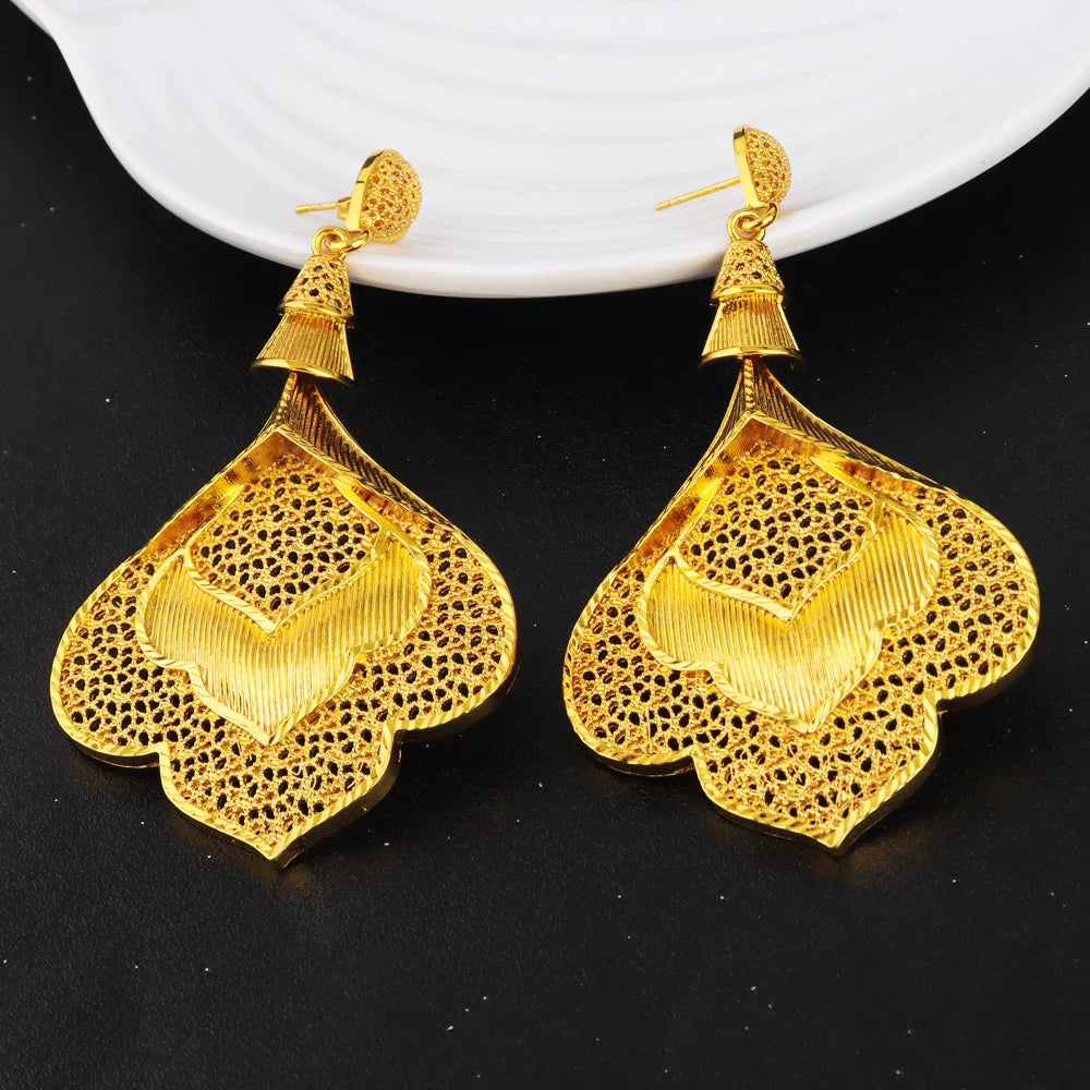 Fancy Gold Plated Necklace Earrings Set Women Indian Dubai Wedding Party Combo