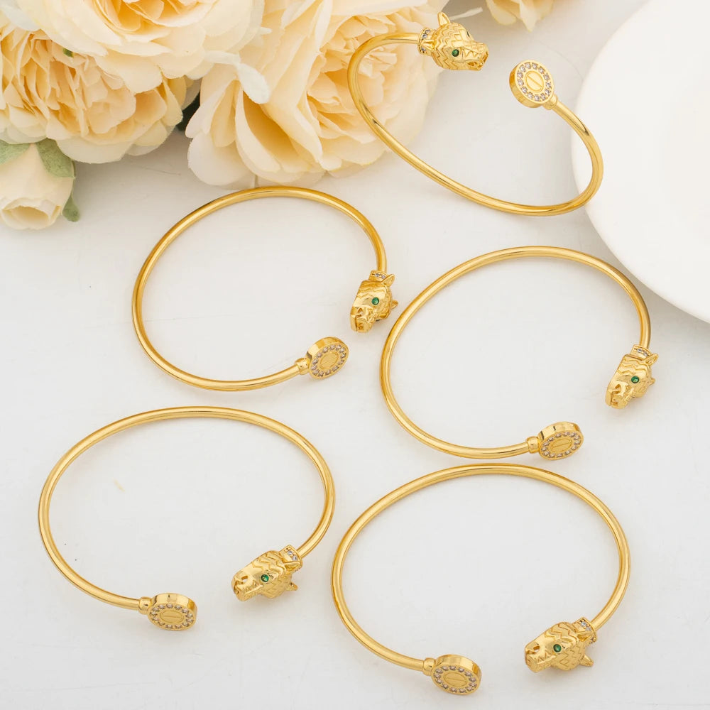 5PCS Charm Bracelets with Gift Box Gold Plated Zircon Cuff Bangles African Luxury Leopard Head Jewelry Women Wedding Party Gifts