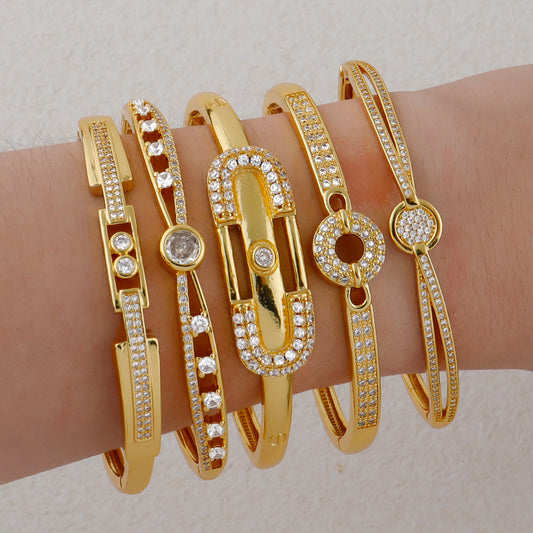 Handmade Golden Zircon Flower Bracelet with Sparkling Crystal Openwork Design Jewelry Set for Women Elegant Bangle Earring Acces