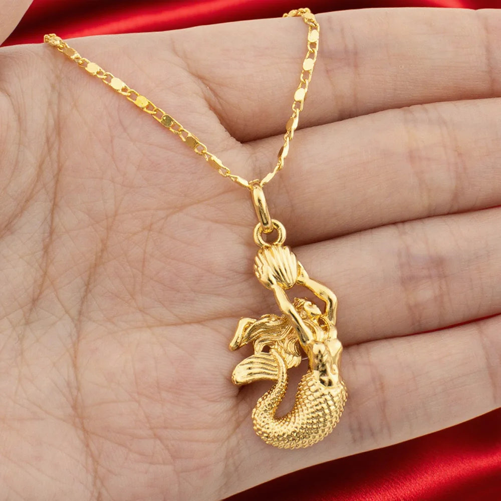 18K Gold Plated Mermaid Design Pendants Stainless Steel Beach Geometric Necklace For Women Anti Allergic Delicate Jewelry Gifts