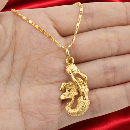 18K Gold Plated Mermaid Design Pendants Stainless Steel Beach Geometric Necklace For Women Anti Allergic Delicate Jewelry Gifts