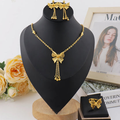 Luxury Gold-Tone Tassel Jewelry Set: Middle-East Inspired Necklace, Drop Earrings & Ring for Dubai African Party Glamour