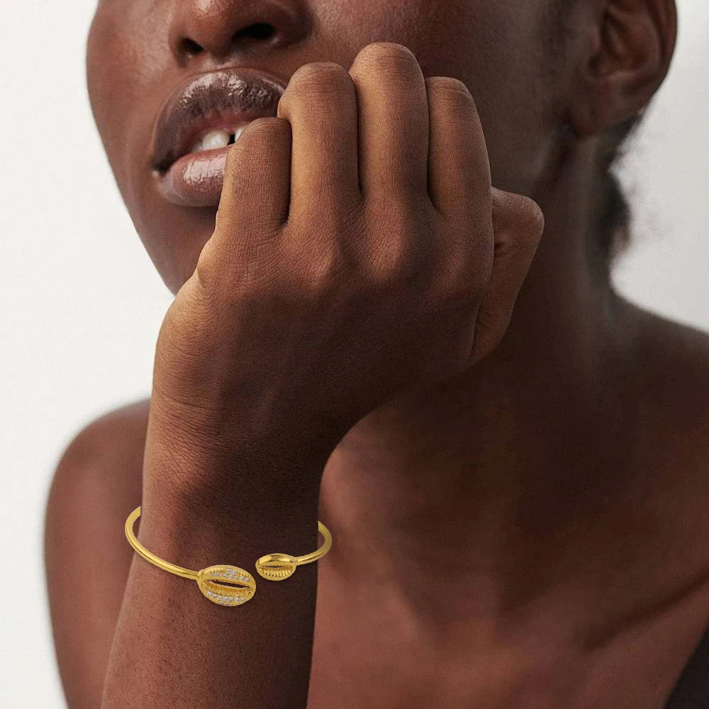 Gold Color Cuff Bangle Set for Nigeria Women Zircon Charm Bangle Shell Shape Hand Bracelet Jewelry Set Accessories wholesale