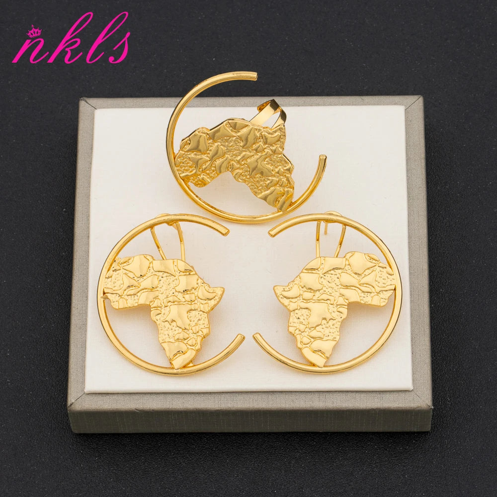 New Luxury Jewelry Set Bride Wedding Color African Map Hollow Design Human Head Earrings Ring 2Pcs Set Banquet Jewelry Gift