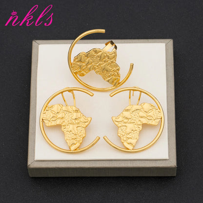 New Luxury Jewelry Set Bride Wedding Color African Map Hollow Design Human Head Earrings Ring 2Pcs Set Banquet Jewelry Gift