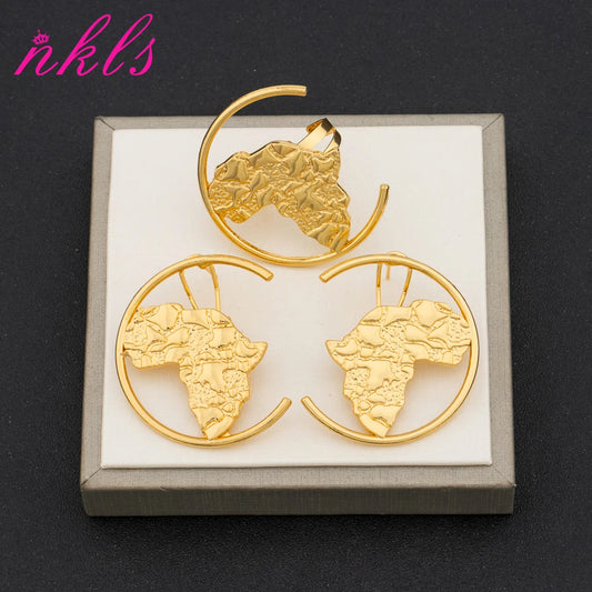 New Luxury Jewelry Set Bride Wedding Color African Map Hollow Design Human Head Earrings Ring 2Pcs Set Banquet Jewelry Gift