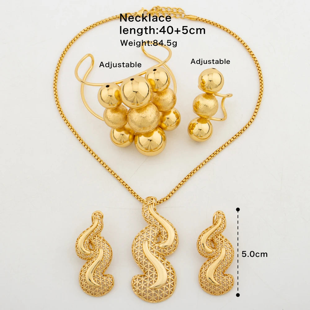 Woman Jewelry Set Italian Gold Color Necklace Earrings Bracelet Ring Dubai Luxury Geometry Big Pendant Wedding Bridal Party Gift