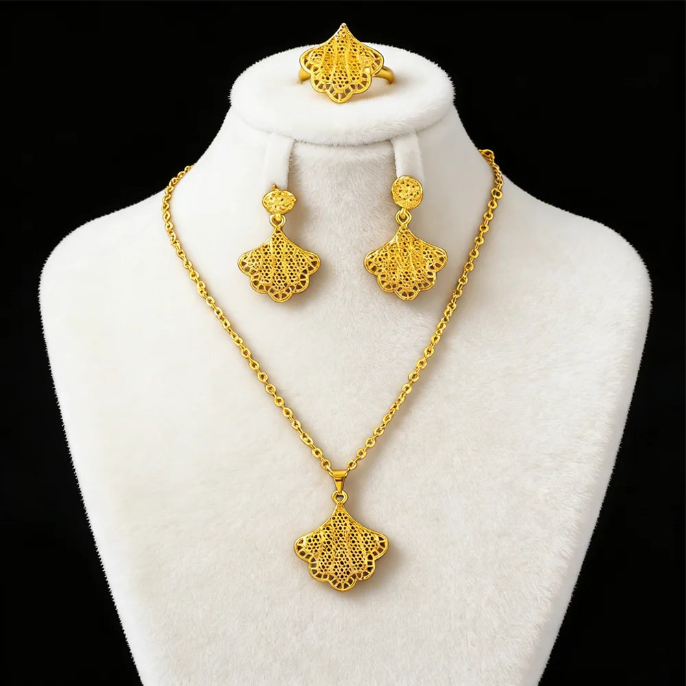 18K Gold Color Plated Middle Eastern Necklace Ring Earrings Set for Women, Dubai Luxury Bridal Gift, Elegant Women's Jewelry Set