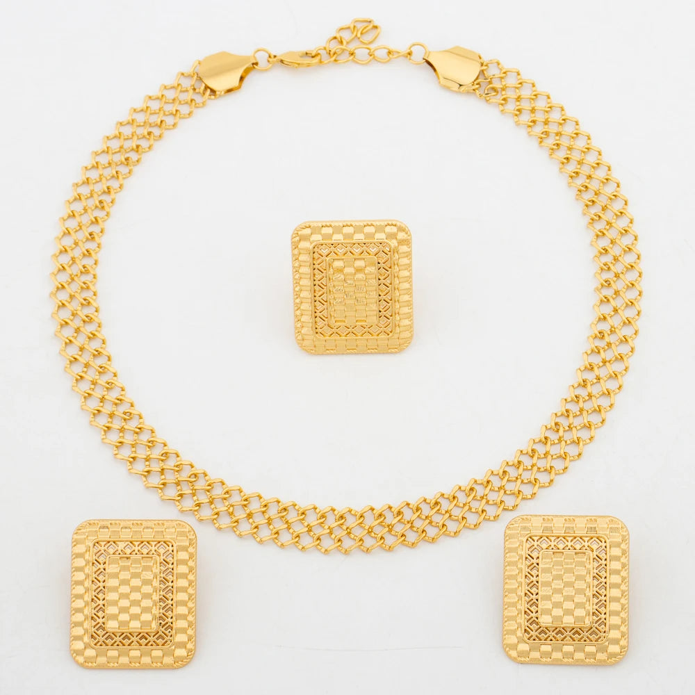 Luxury Gold Color Jewelry Set for Party African Square Design Earrings and Necklace Weddings Bride Jewellery Accessories Gifts