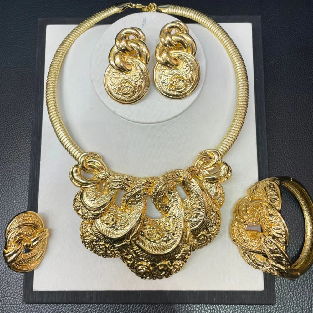 New Design Dubai Gold Color Jewelry For Women Dubai Fashion Necklace Earrings Ring Bracelet Set Bride Wedding Party Gift