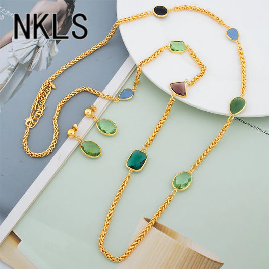 Tone Crystal Zircon Long Chain Necklace & Drop Earrings Set, Dubai Elegance Jewellery Woman Gift, Luxury Jewelry Sets