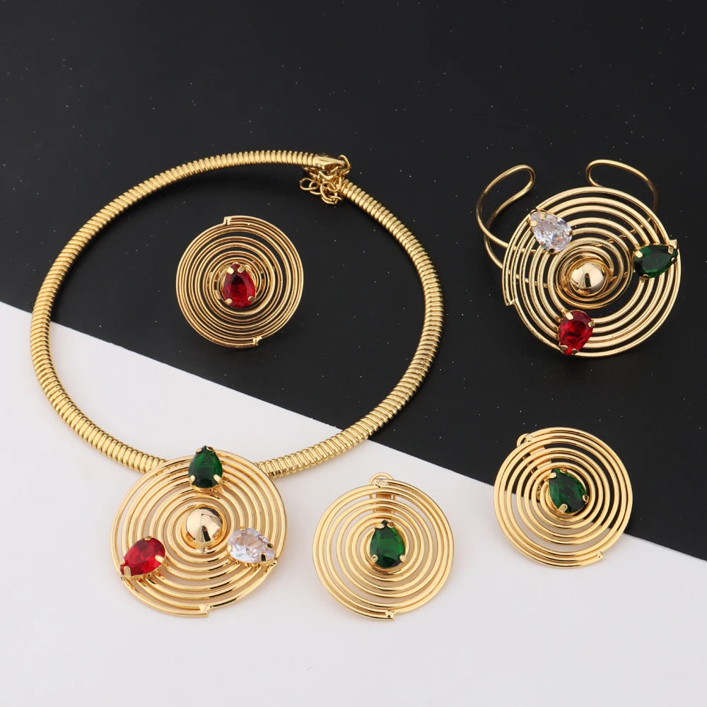 Dubai Round Noble Jewelry Set for Women Luxurious Bangle Necklace Ring Earrings Exclusive Festival