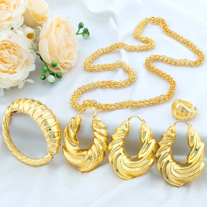 YM Gold Plated Jewelry Sets for Women 80CM Chain African Bridal Wedding Gift Party Necklace Big Earrings Ring Bracelet Jewellery - YUEMING JEWELRY