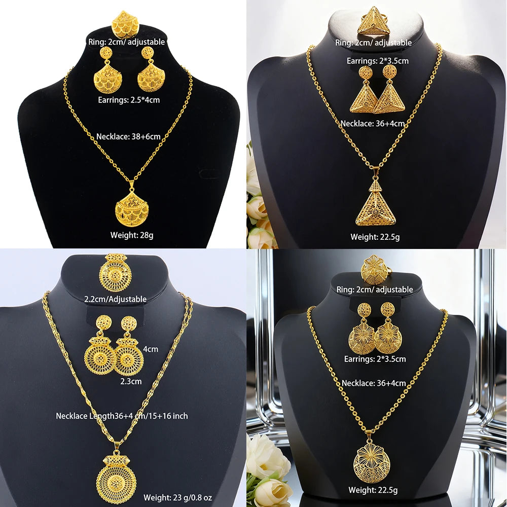 Luxury Arabic Gold Wedding Jewelry Set Gold Plated Dubai Bridal Necklace Earrings Ring Nigeria Women Vintage Jewelrys Gift