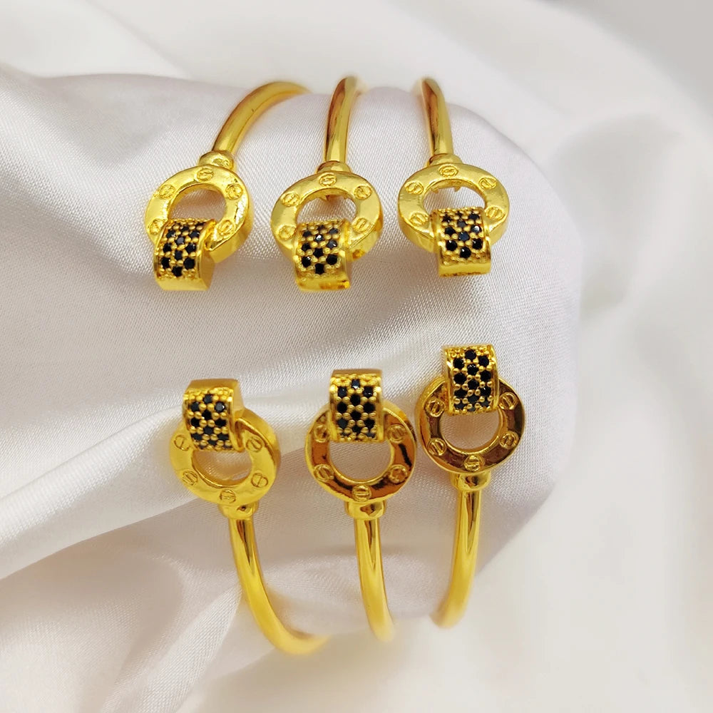 3pcs Black Zircon Cuff Bangles Dubai Gold Color Jewelry Wedding Bride Women Crystal Charm Bracelets Birthday Anniversary Gifts