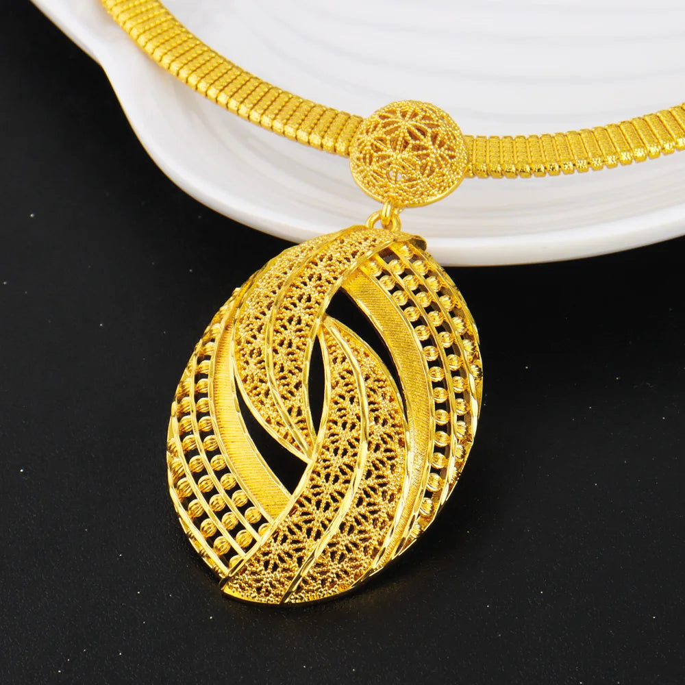 Elegant Nigerian Gold-Tone 3-Piece Jewelry Set for Women – Dubai-Inspired Egg-Shaped Necklace, Noble Stud Earrings & Luxury Rin