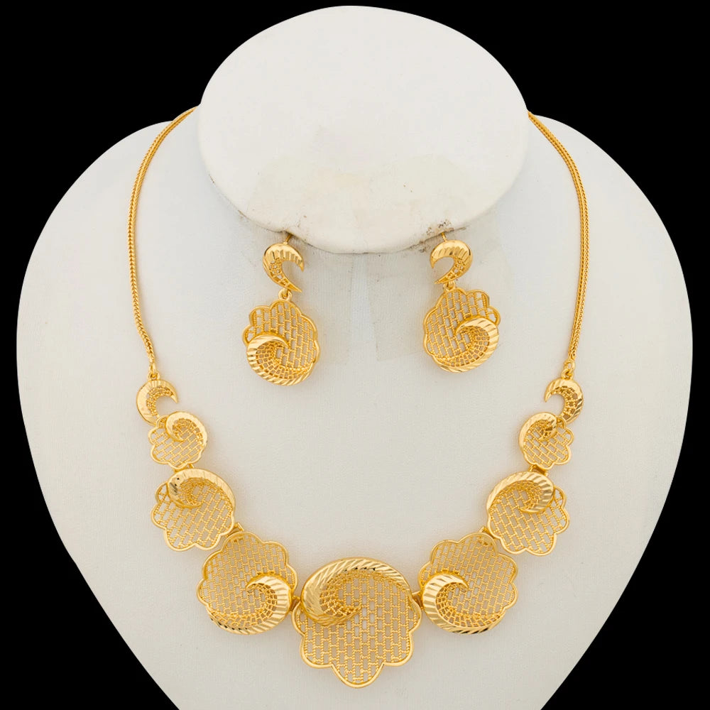 Dubai Gold Color Jewelry Set for Women Flower Design Necklace and Earrings with Bangle Ring 4Pcs Set for Brazilian Accessories