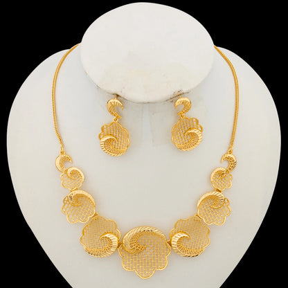 Dubai Gold Color Jewelry Set for Women Flower Design Necklace and Earrings with Bangle Ring 4Pcs Set for Brazilian Accessories