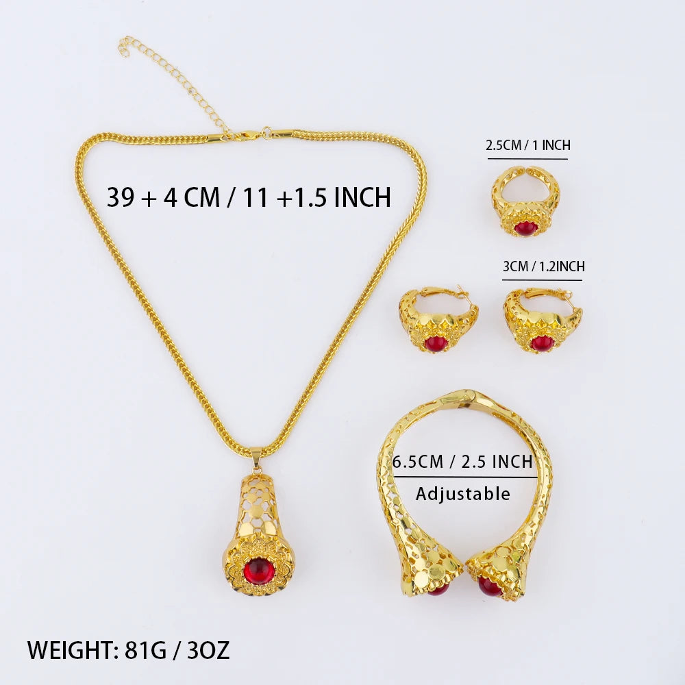 Dubai 24k Gold Plated Jewelry Sets for Indian Bridal Costume Necklace Earrings Bracelet Ring Sets Nigerian Wedding Party Gifts