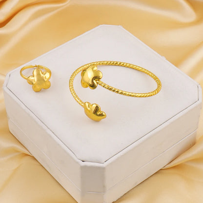 Plated 4Pcs Flower Jewelry Set for Women, Stainless Steel Necklace Earrings Bracelet Ring Gift America Fashion Party