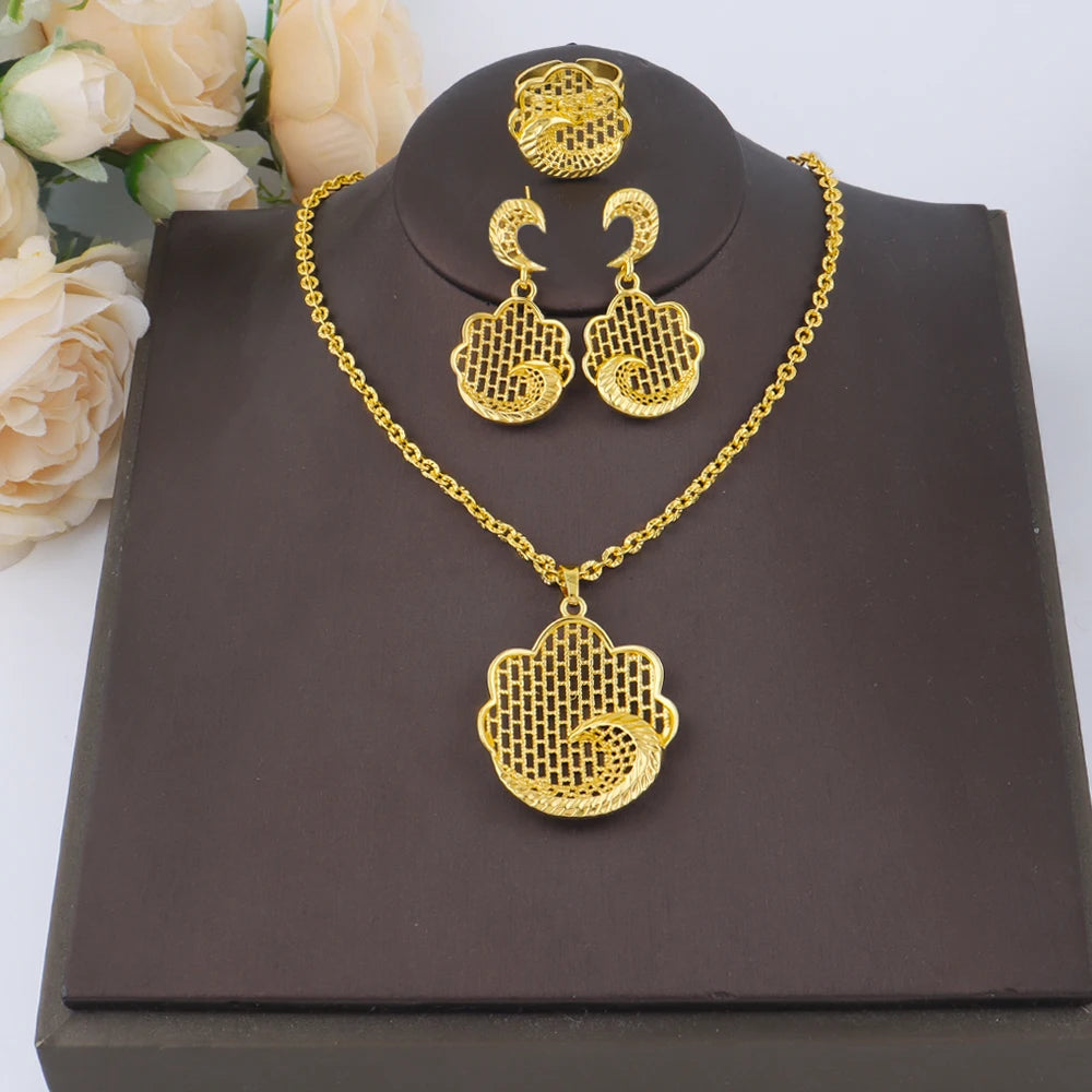 Fashion 24K Gold Color Flower Pendant Necklaces High Quality Luxury Jewelry for Dubai India Africa Women Party Gift