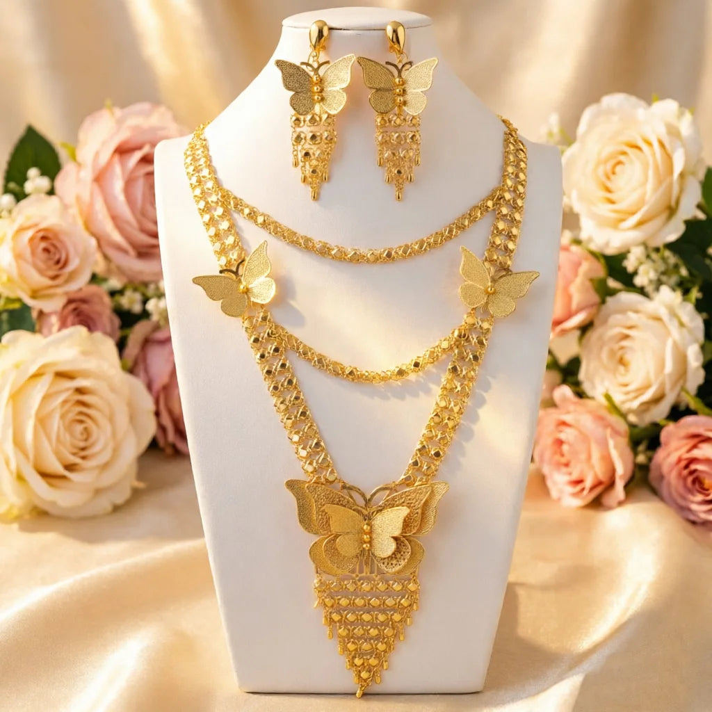 Dubai Nigerian Necklace and Earring Jewelry Set 2Pieces Exquisite Wedding Gift for Brides and Women and Girls