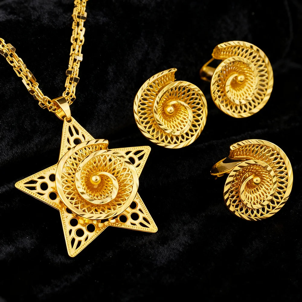 Gold Plated Star Shape Necklace Women's Earrings Ring Set Dubai Wedding Gold Jewelry 2 Piece Set Christmas Party Favor