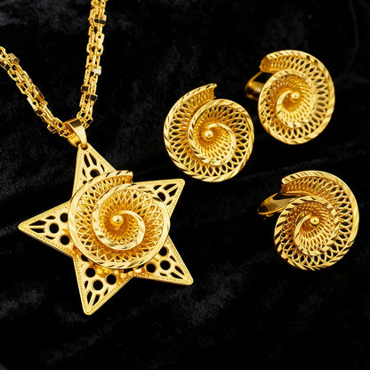 Gold Plated Star Shape Necklace Women's Earrings Ring Set Dubai Wedding Gold Jewelry 2 Piece Set Christmas Party Favor